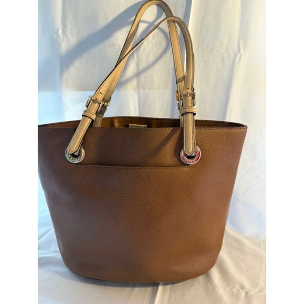 Michael Kors Brown Pebbled Leather Tote Bag Gold Tone MK Charm‎ Shoulder Bag